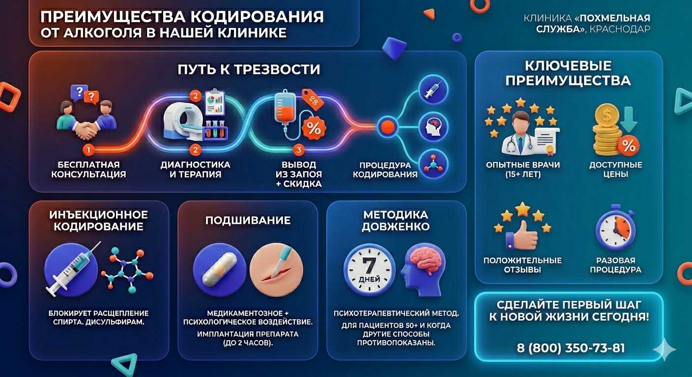 Инфографика о методах кодирования от алкоголя в Рязани: инъекции, подшивание, метод Довженко. Преимущества клиники и этапы лечения.