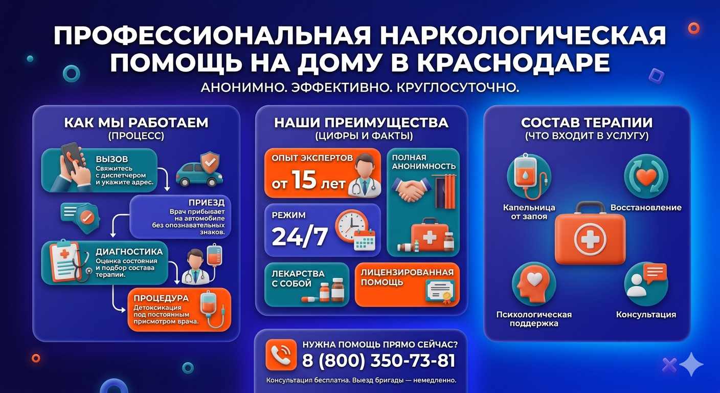 Инфографика о принципах лечения алкоголизма на дому в Рязани: этапы вызова нарколога, преимущества анонимной детоксикации и состав медицинской помощи.